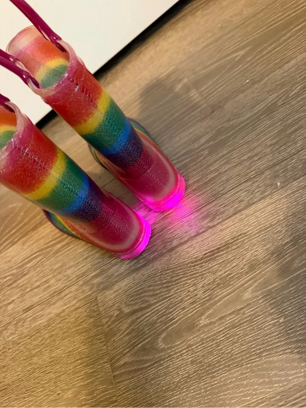 Kids Rainbow Glitter Light Up Rain Boots with Pink Handles